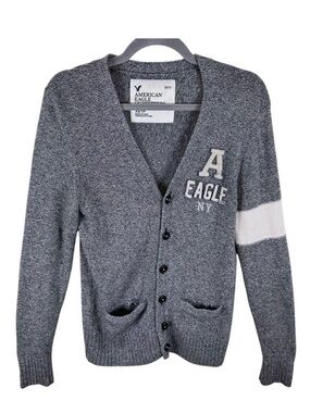 American Eagle Gray V-Neck Letterman Sweater Wool Cotton School Girl‎ Preppy XS
